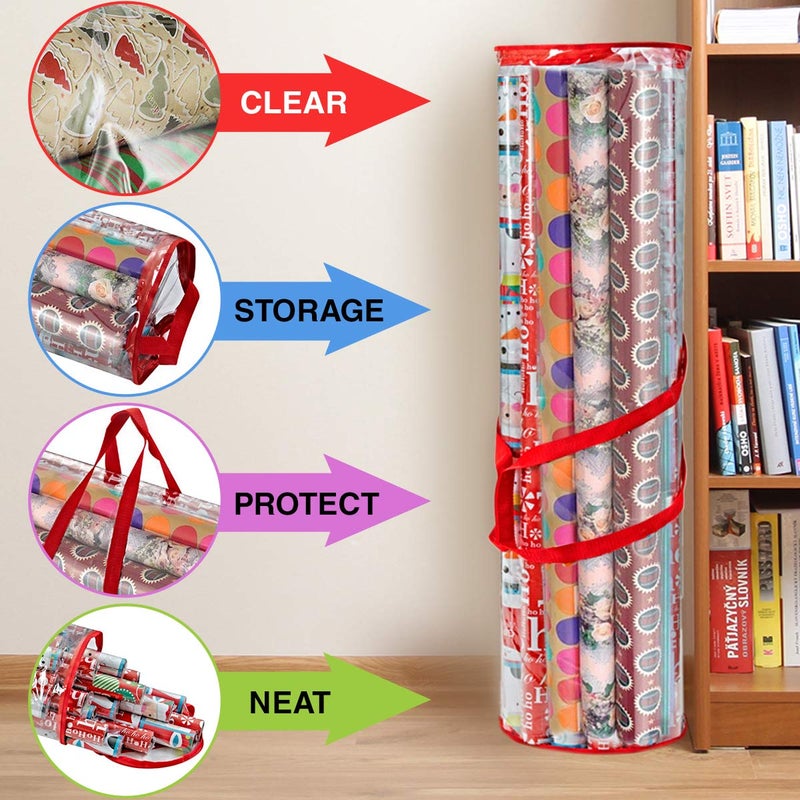 Primode Wrapping Paper Storage Bag, Gift Wrap Organizer, Fits 40 Inch Long Rolls, Hold Up to 24 Rolls, Heavy Duty Clear PVC Bag with Top and Side Handles (Red) - Image 2
